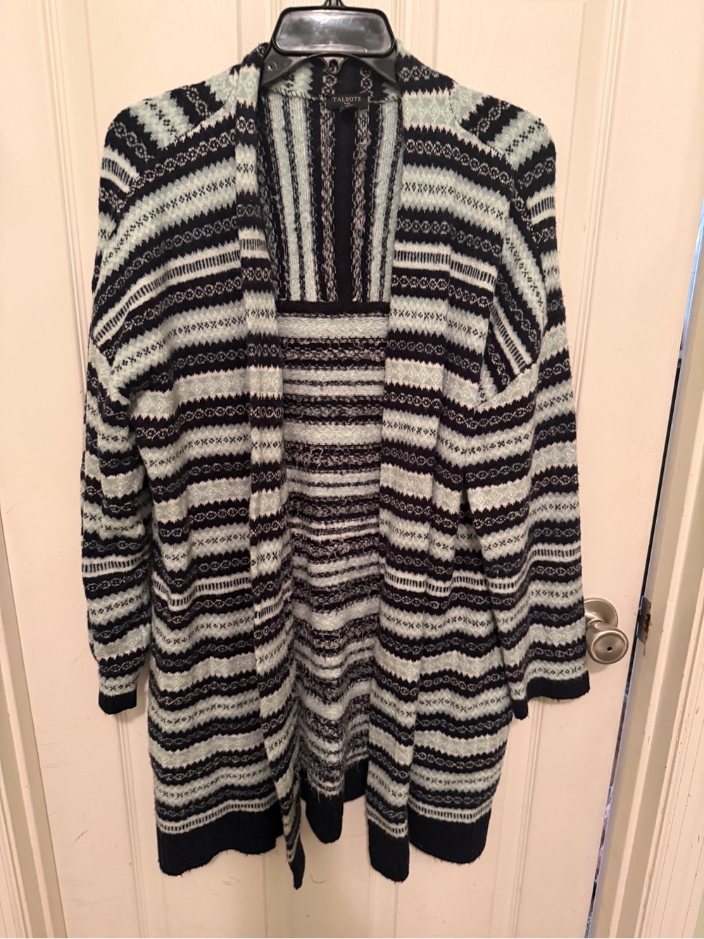 Talbots Navy and Cream Striped Open Cardigan Sweater